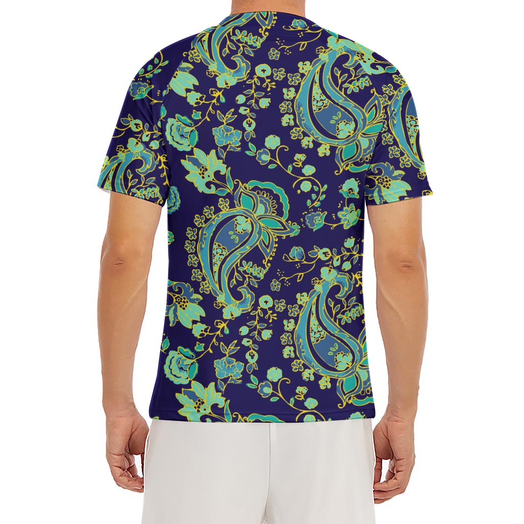 Blue Bohemian Paisley Pattern Print Men's Short Sleeve Rash Guard