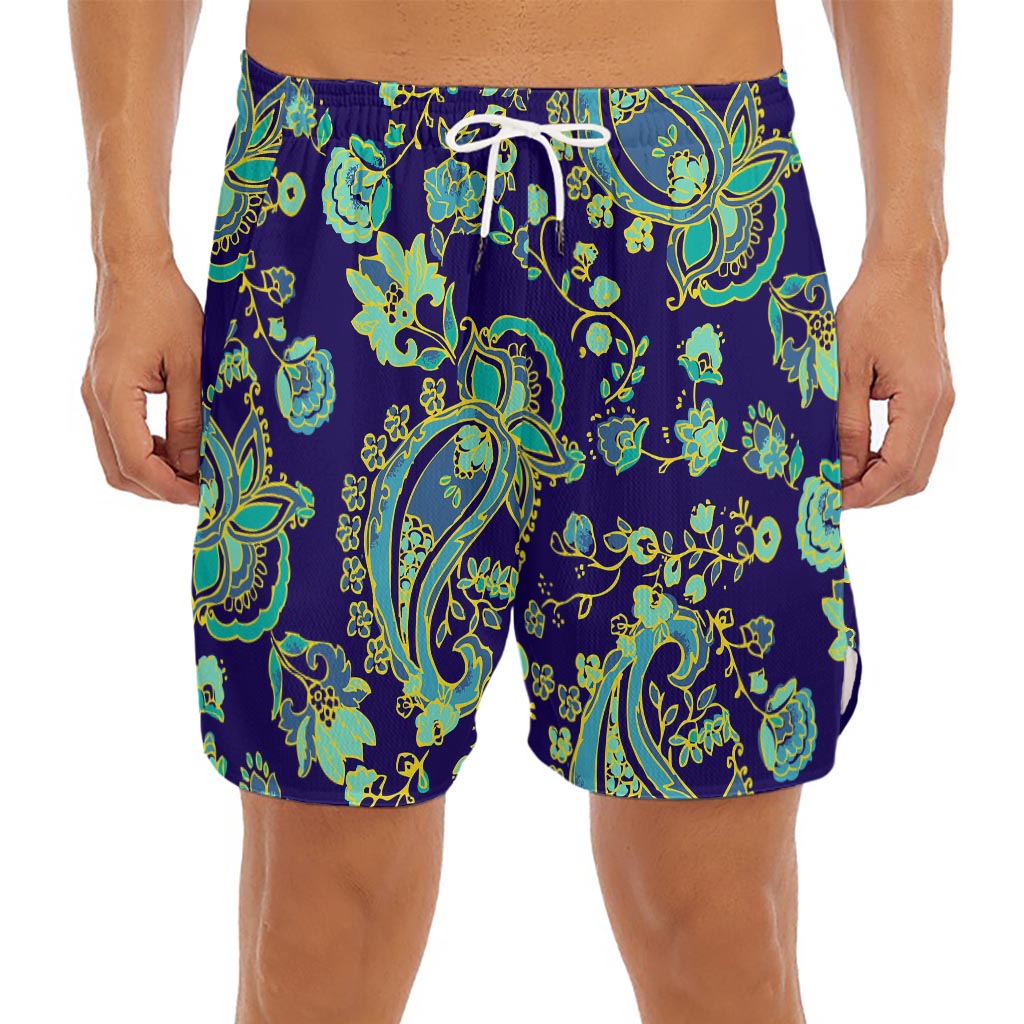Blue Bohemian Paisley Pattern Print Men's Split Running Shorts
