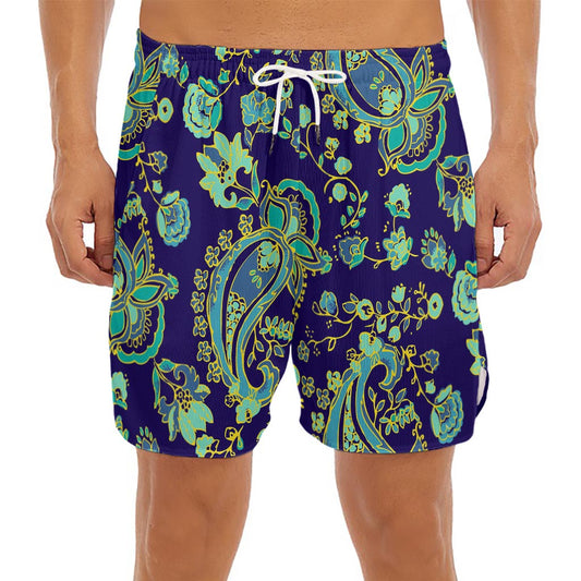 Blue Bohemian Paisley Pattern Print Men's Split Running Shorts