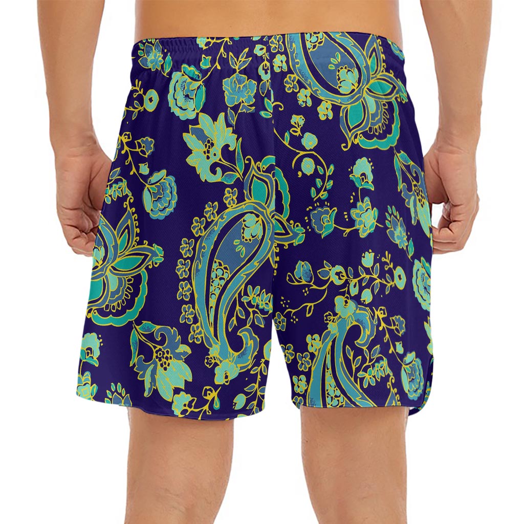 Blue Bohemian Paisley Pattern Print Men's Split Running Shorts