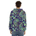Blue Bohemian Paisley Pattern Print Men's Velvet Pullover Hoodie