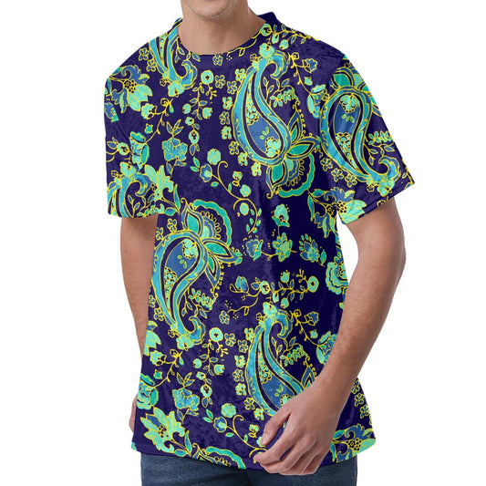 Blue Bohemian Paisley Pattern Print Men's Velvet T-Shirt