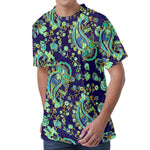 Blue Bohemian Paisley Pattern Print Men's Velvet T-Shirt