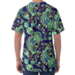 Blue Bohemian Paisley Pattern Print Men's Velvet T-Shirt