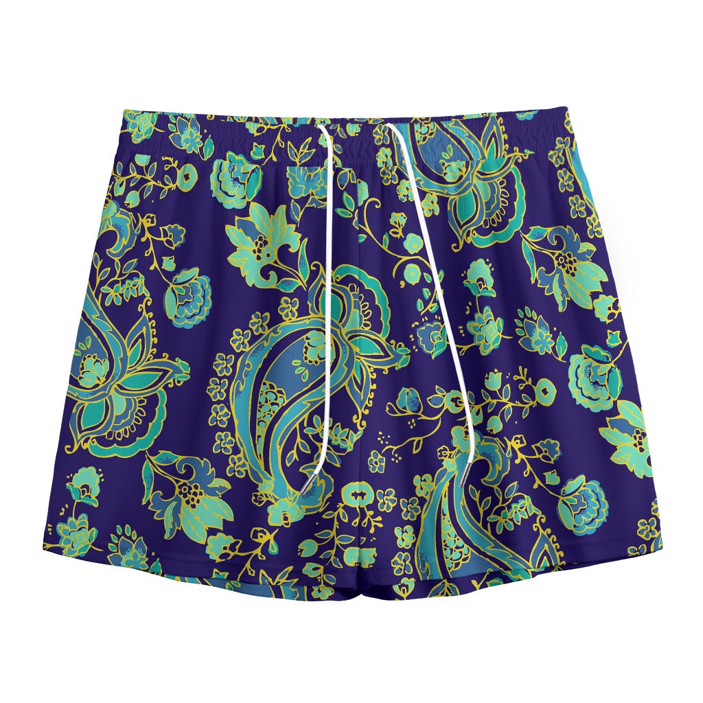 Blue Bohemian Paisley Pattern Print Mesh Shorts
