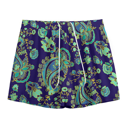 Blue Bohemian Paisley Pattern Print Mesh Shorts
