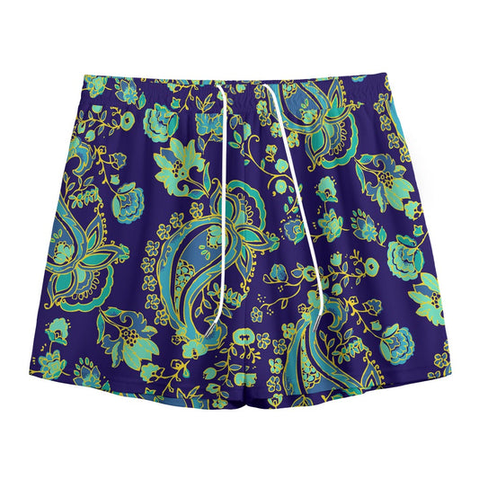 Blue Bohemian Paisley Pattern Print Mesh Shorts