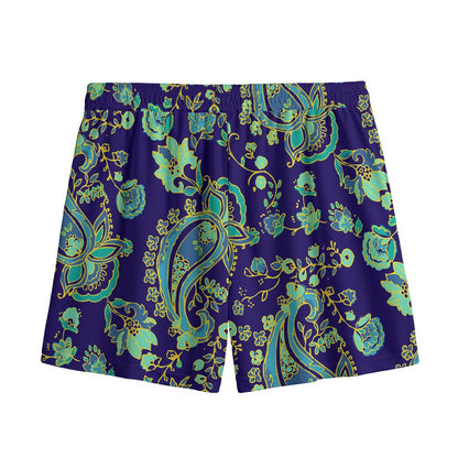 Blue Bohemian Paisley Pattern Print Mesh Shorts