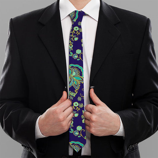 Blue Bohemian Paisley Pattern Print Necktie