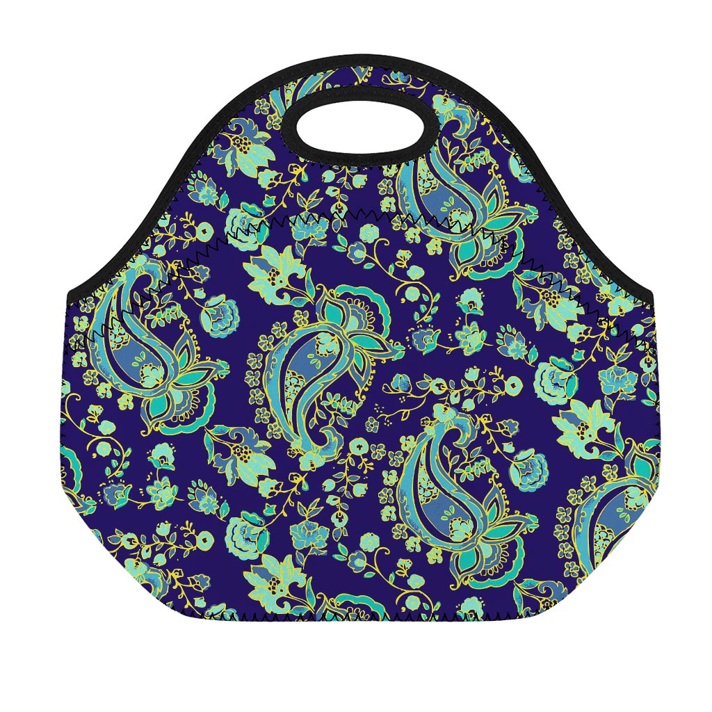 Blue Bohemian Paisley Pattern Print Neoprene Lunch Bag