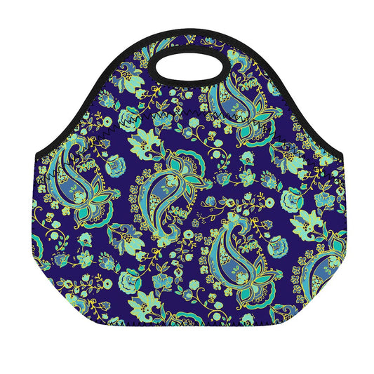 Blue Bohemian Paisley Pattern Print Neoprene Lunch Bag