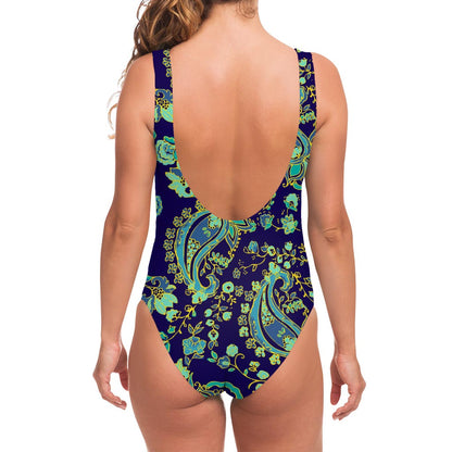 Blue Bohemian Paisley Pattern Print One Piece Swimsuit