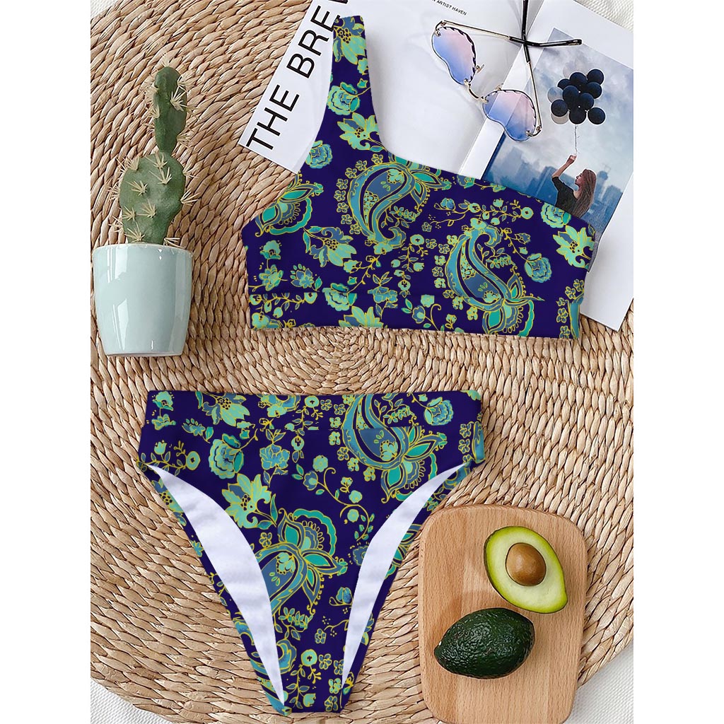 Blue Bohemian Paisley Pattern Print One Shoulder Bikini Top