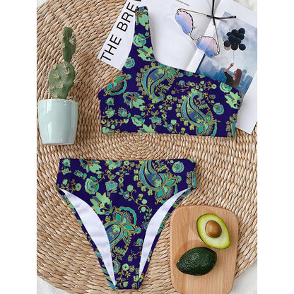 Blue Bohemian Paisley Pattern Print One Shoulder Bikini Top