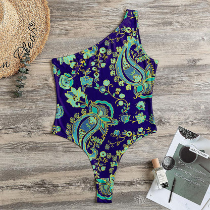 Blue Bohemian Paisley Pattern Print One Shoulder Bodysuit