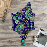 Blue Bohemian Paisley Pattern Print One Shoulder Bodysuit