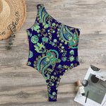 Blue Bohemian Paisley Pattern Print One Shoulder Bodysuit