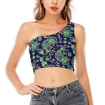 Blue Bohemian Paisley Pattern Print One Shoulder Crop Top