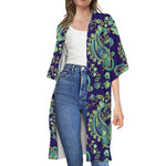 Blue Bohemian Paisley Pattern Print Open Front Beach Cover Up