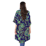 Blue Bohemian Paisley Pattern Print Open Front Beach Cover Up