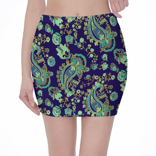 Blue Bohemian Paisley Pattern Print Pencil Mini Skirt