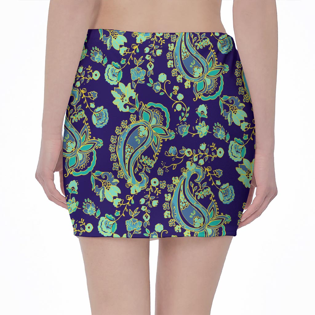 Blue Bohemian Paisley Pattern Print Pencil Mini Skirt