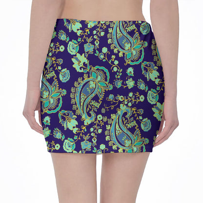 Blue Bohemian Paisley Pattern Print Pencil Mini Skirt
