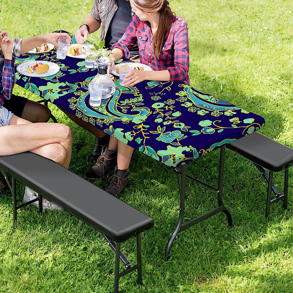 Blue Bohemian Paisley Pattern Print Picnic Table Cover