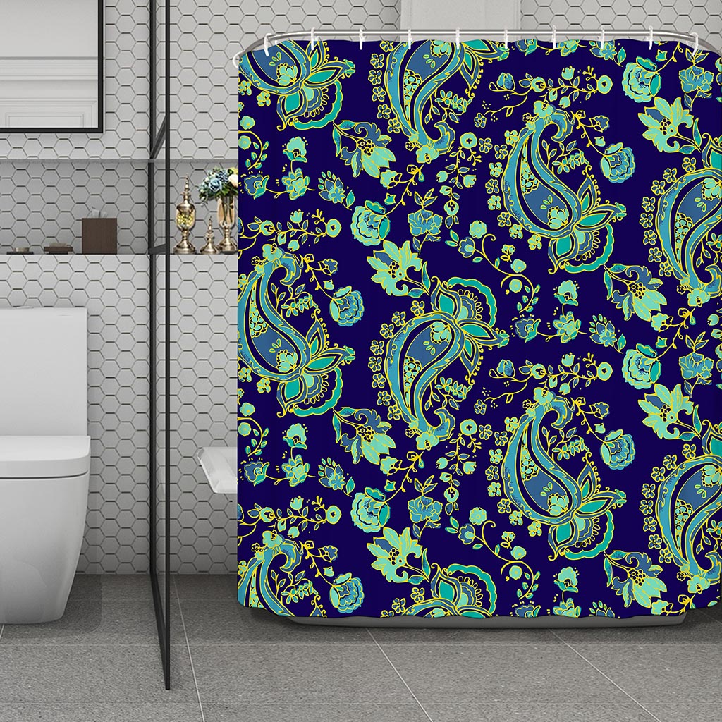 Blue Bohemian Paisley Pattern Print Polyester Shower Curtain