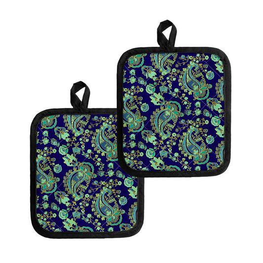 Blue Bohemian Paisley Pattern Print Pot Holders