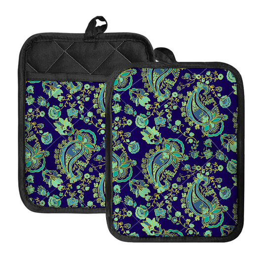 Blue Bohemian Paisley Pattern Print Pot Holders With Pocket