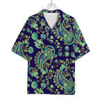 Blue Bohemian Paisley Pattern Print Rayon Hawaiian Shirt