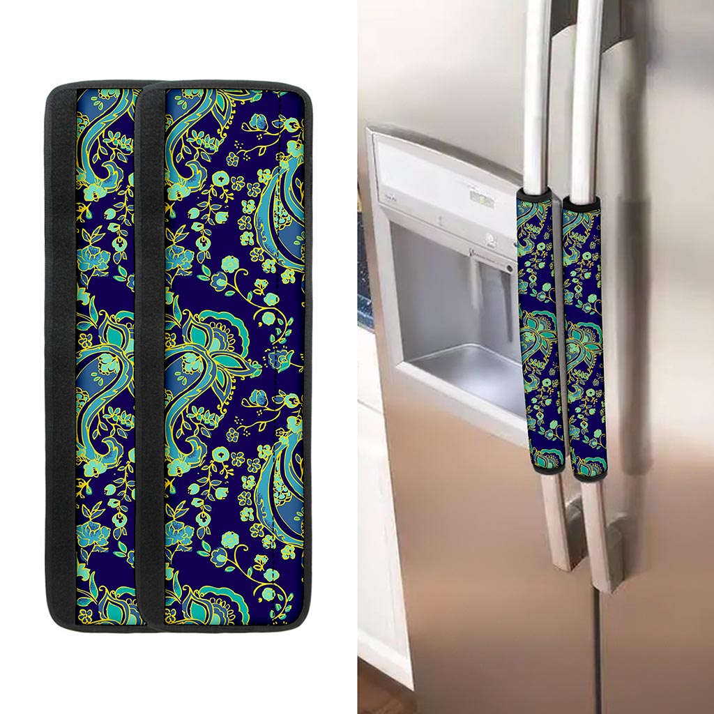Blue Bohemian Paisley Pattern Print Refrigerator Handle Covers