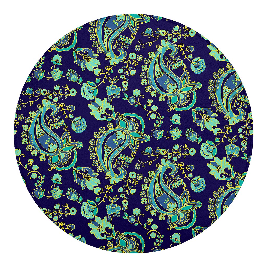 Blue Bohemian Paisley Pattern Print Round Blanket