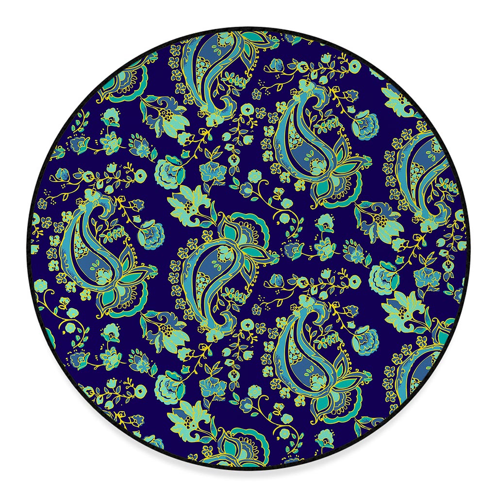 Blue Bohemian Paisley Pattern Print Round Floor Mat