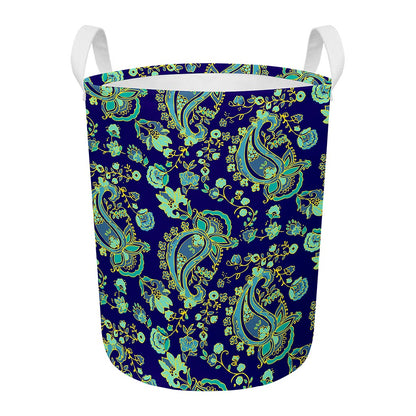 Blue Bohemian Paisley Pattern Print Round Laundry Basket