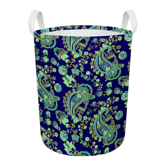 Blue Bohemian Paisley Pattern Print Round Laundry Basket