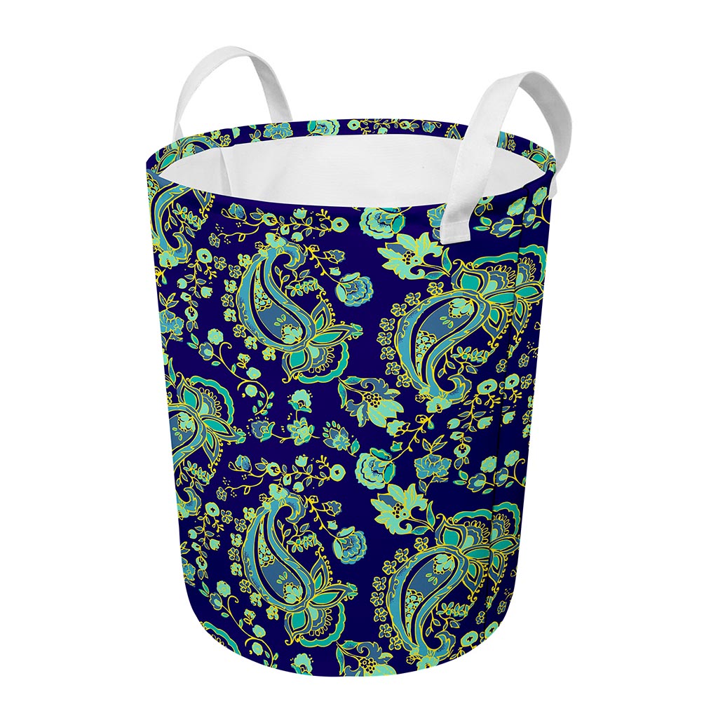 Blue Bohemian Paisley Pattern Print Round Laundry Basket