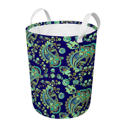 Blue Bohemian Paisley Pattern Print Round Laundry Basket