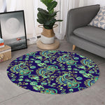 Blue Bohemian Paisley Pattern Print Round Rug