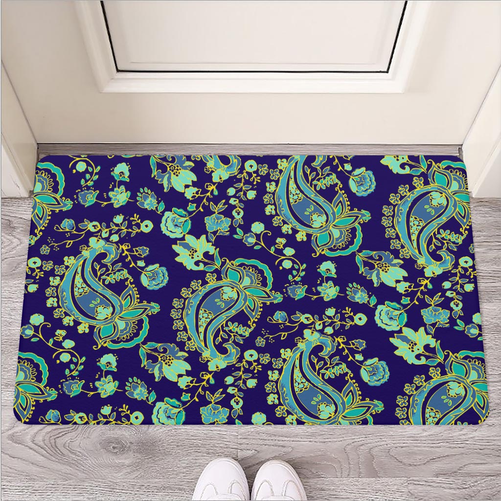Blue Bohemian Paisley Pattern Print Rubber Doormat