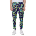 Blue Bohemian Paisley Pattern Print Scuba Joggers