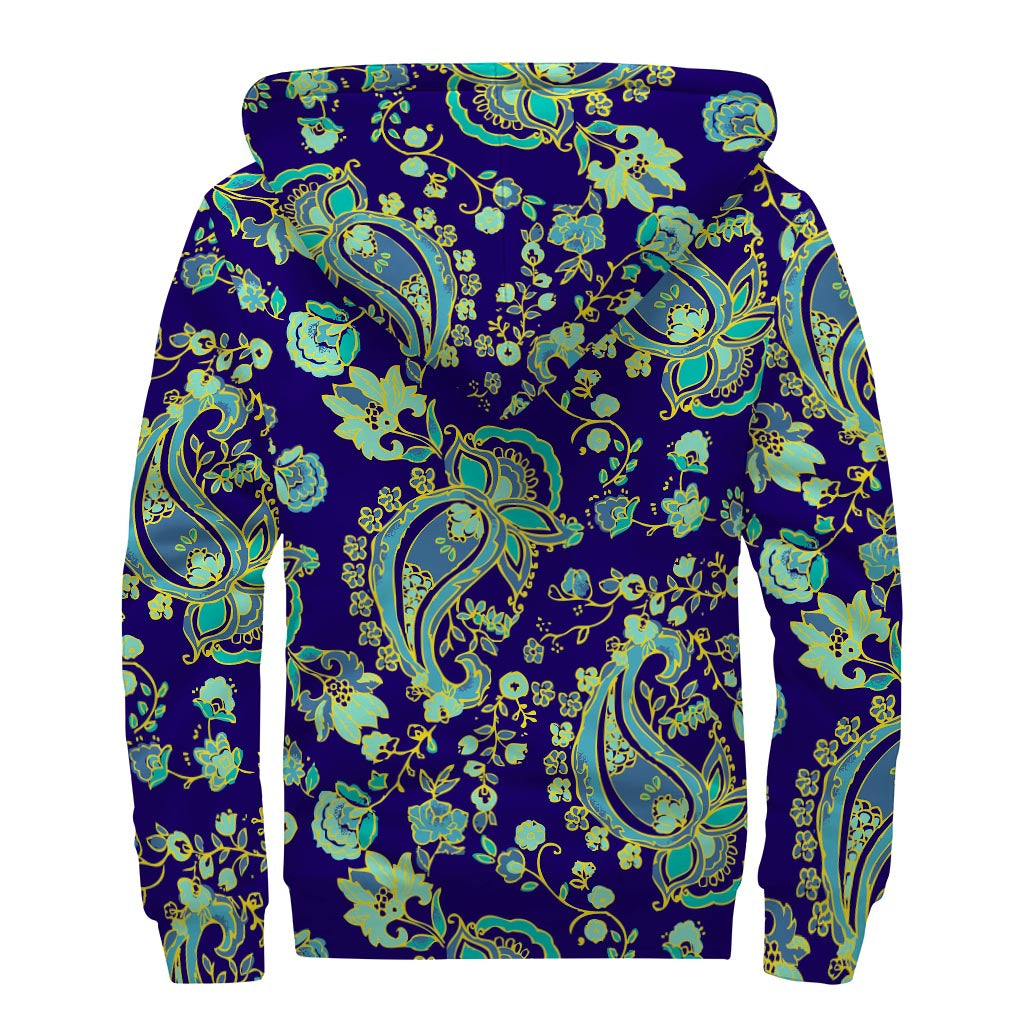Blue Bohemian Paisley Pattern Print Sherpa Lined Zip Up Hoodie
