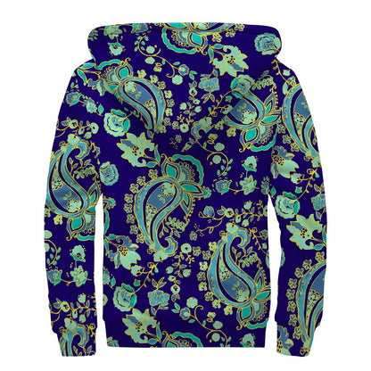 Blue Bohemian Paisley Pattern Print Sherpa Lined Zip Up Hoodie