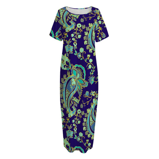 Blue Bohemian Paisley Pattern Print Short Sleeve Long Nightdress