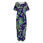 Blue Bohemian Paisley Pattern Print Short Sleeve Long Nightdress