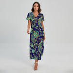 Blue Bohemian Paisley Pattern Print Short Sleeve Maxi Dress