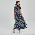Blue Bohemian Paisley Pattern Print Short Sleeve Maxi Dress