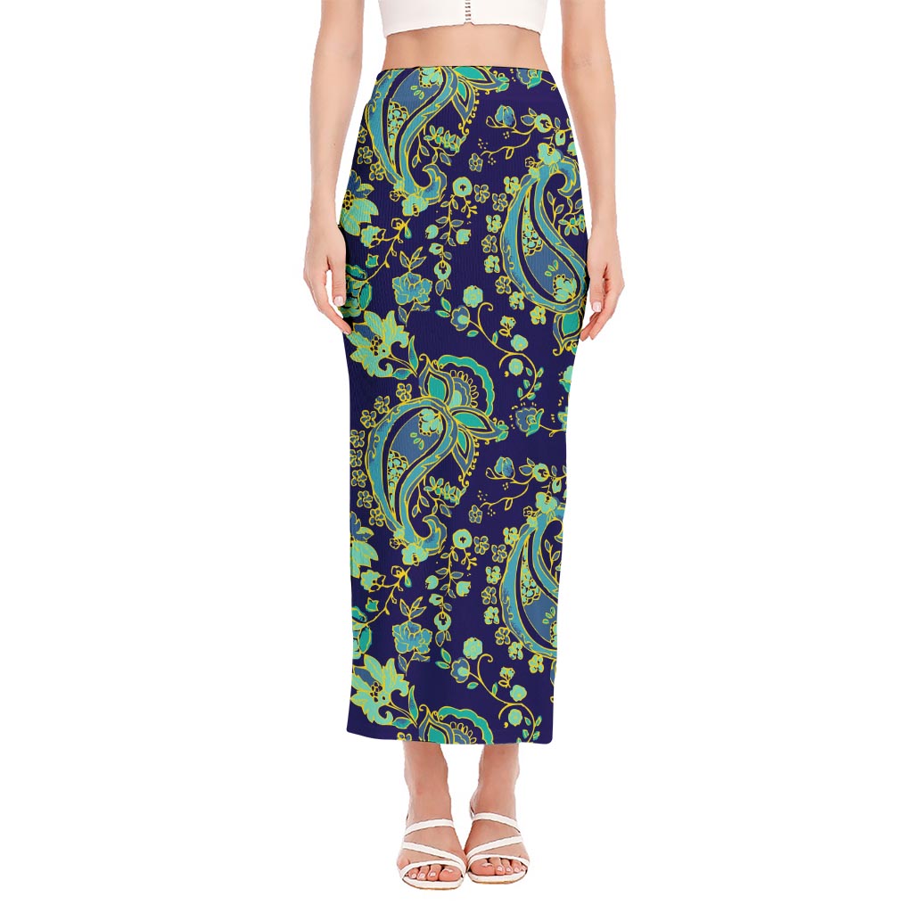 Blue Bohemian Paisley Pattern Print Side Slit Maxi Skirt
