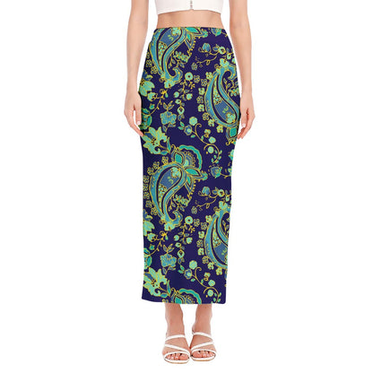 Blue Bohemian Paisley Pattern Print Side Slit Maxi Skirt